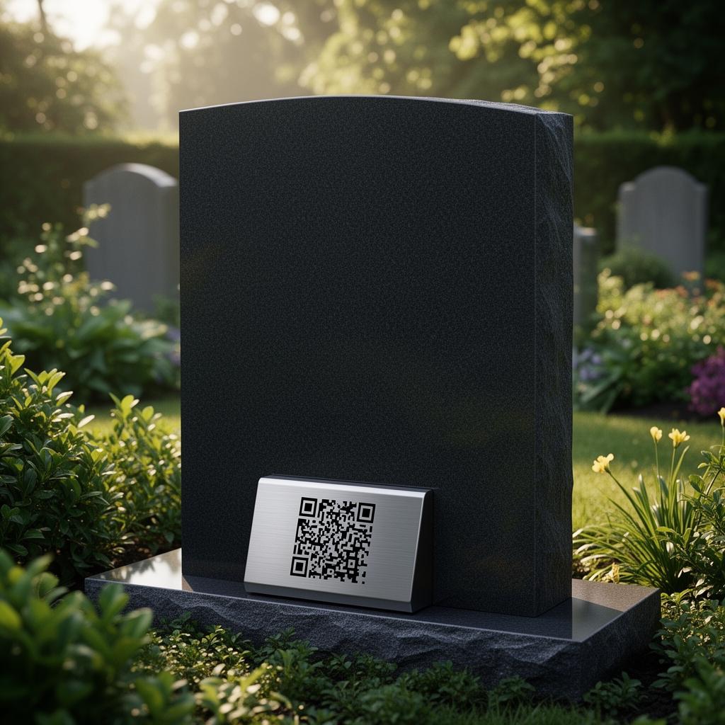 Sleek modern headstone with a subtly integrated QR plaque in a serene cemetery garden.